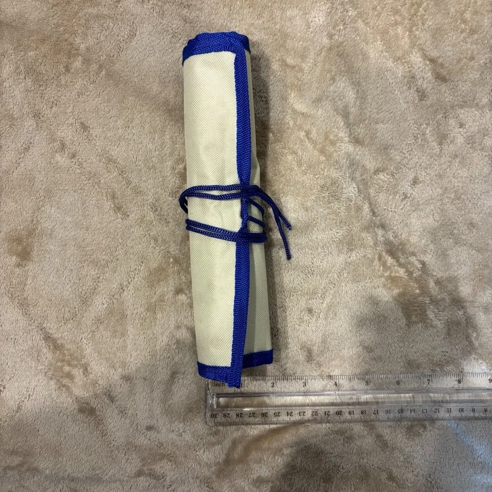 Canvas Paint Brush Roll Up Case Artist Organizer Beige Blue Trim Multi Pocket